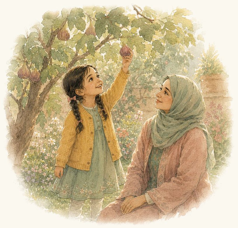 Watercolour illustration from The Abundance Collection: Amira picking a fig from the laden tree while Mama kneels beside her, watching.