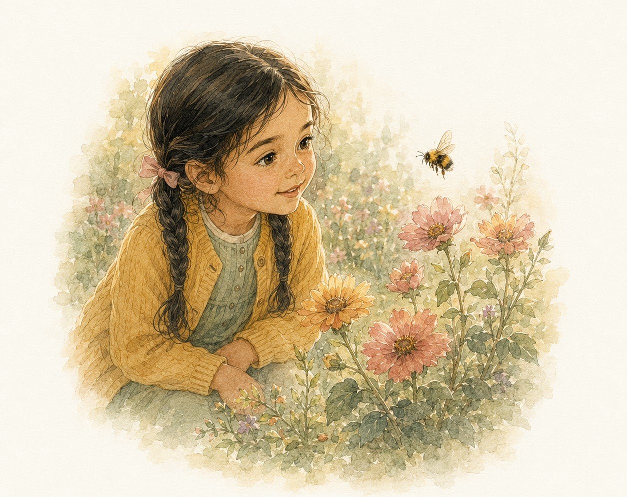Watercolour illustration from The Abundance Collection: Amira kneeling among tall pink flowers, watching a honeybee hover just above the blooms.