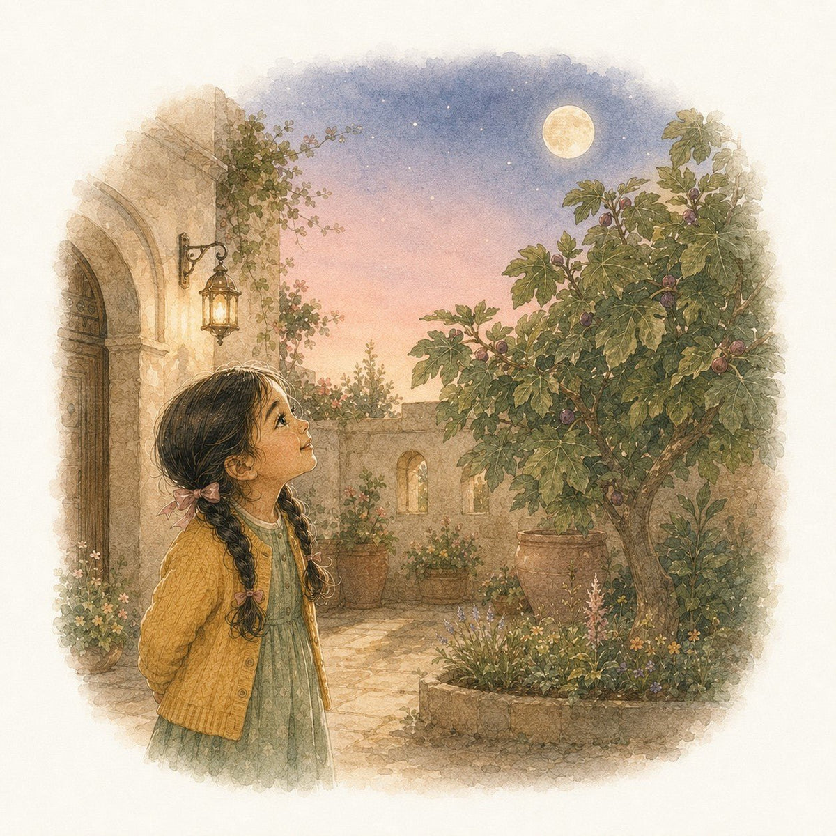 Watercolour illustration from The Abundance Collection: a girl looking out over a walled courtyard garden at dusk, a full moon rising above the trees.