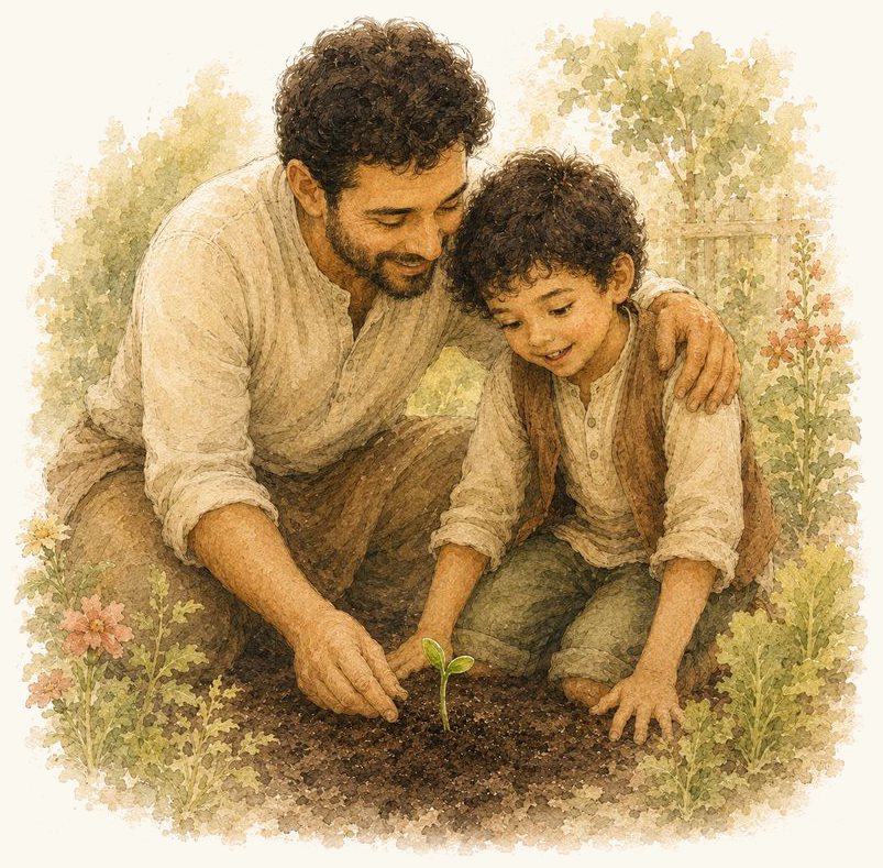 Watercolour illustration from The Abundance Collection: Baba kneeling in the soil beside Yusuf, the two of them looking closely at a new green shoot.