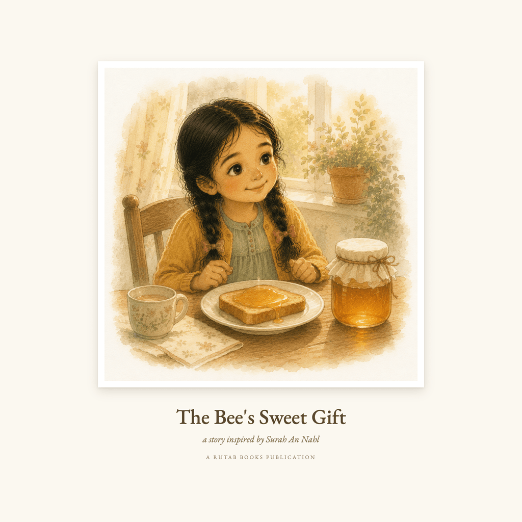 Cover of The Bee's Sweet Gift, printable digital edition inspired by Surah An-Nahl. Watercolour illustration of Amira at the table with a jar of honey, a honeycomb and honey on her toast.