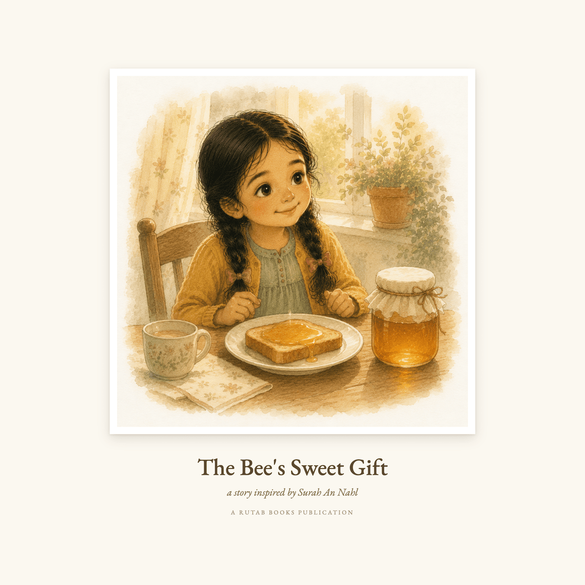 Cover of The Bee's Sweet Gift, printable digital edition inspired by Surah An-Nahl. Watercolour illustration of Amira at the table with a jar of honey, a honeycomb and honey on her toast.