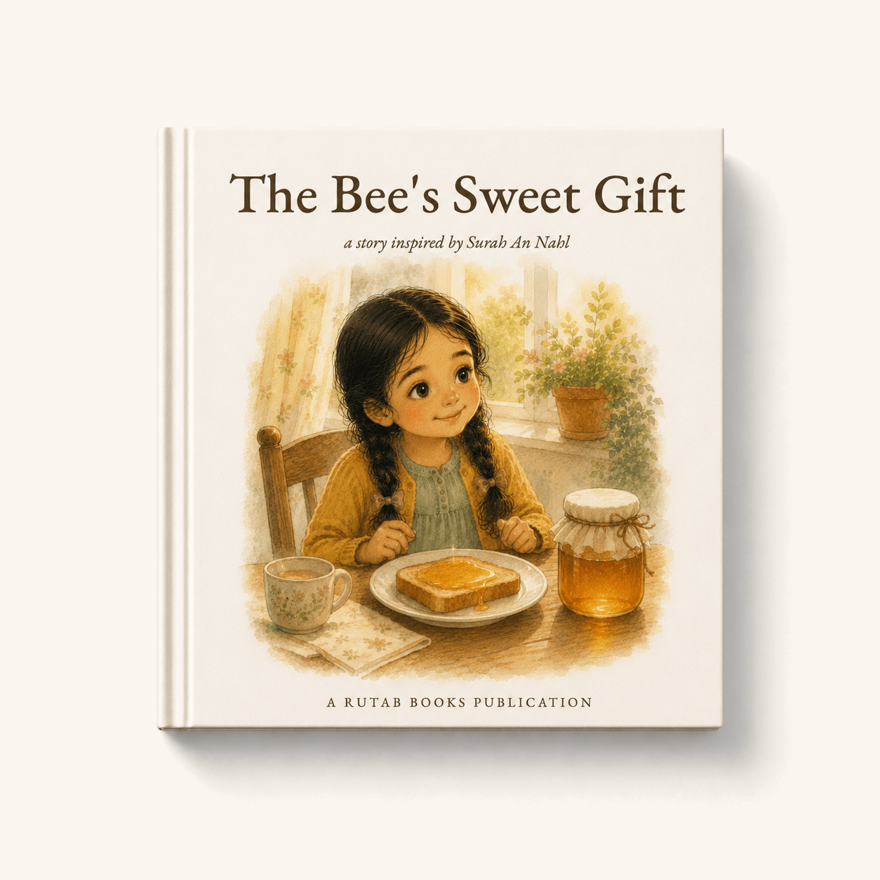 Cover of The Bee's Sweet Gift, a Qur'an-inspired hardback picture book for children aged 3 to 7 inspired by Surah An-Nahl. Watercolour illustration of Amira at the table with a jar of honey, a honeycomb and honey on her toast.