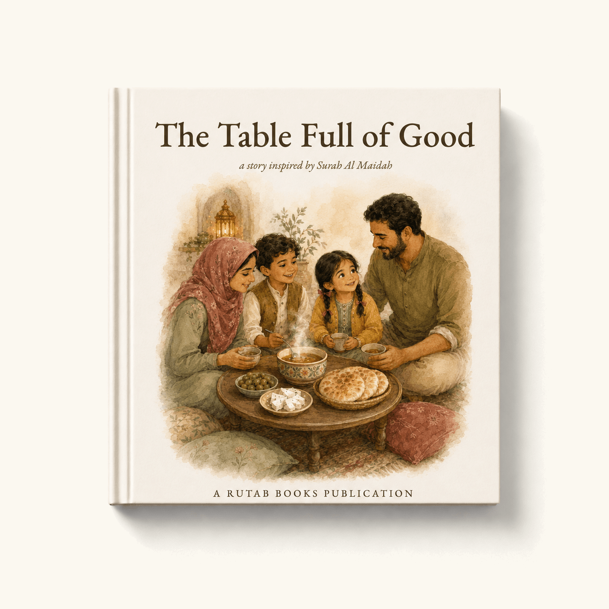 Cover of The Table Full of Good, a Qur'an-inspired hardback picture book for children aged 3 to 7 inspired by Surah Al-Ma'idah. Watercolour illustration of a family seated on the floor around a shared spread of bread, olives and dates.