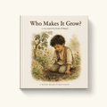 Cover of Who Makes It Grow?, a Qur'an-inspired hardback picture book for children aged 3 to 7 inspired by Surah Al-Waqi'ah. Watercolour illustration of Yusuf crouching in a green garden to press a seed into the soil.