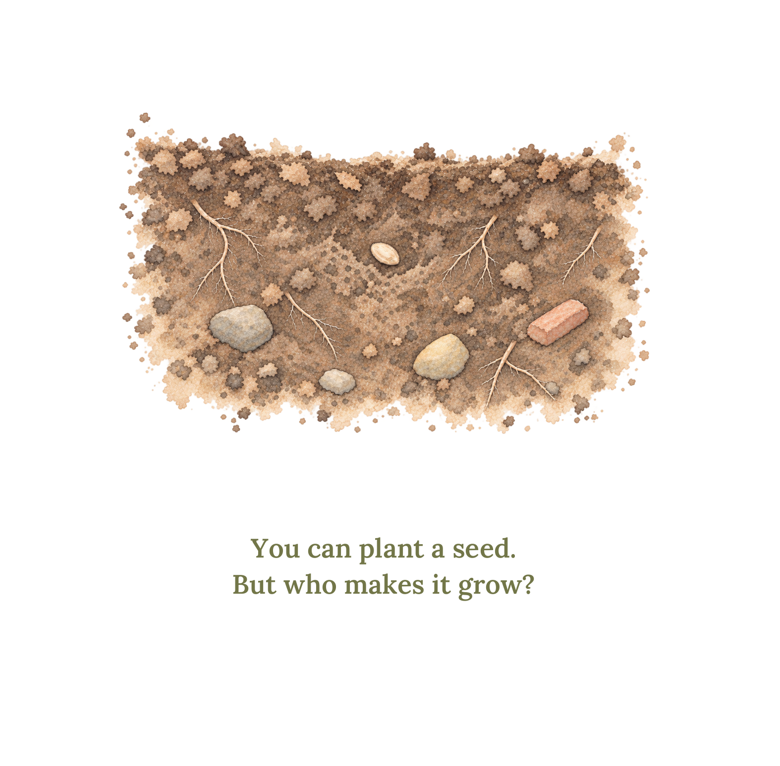 A single seed resting in the soil, on the first refrain page