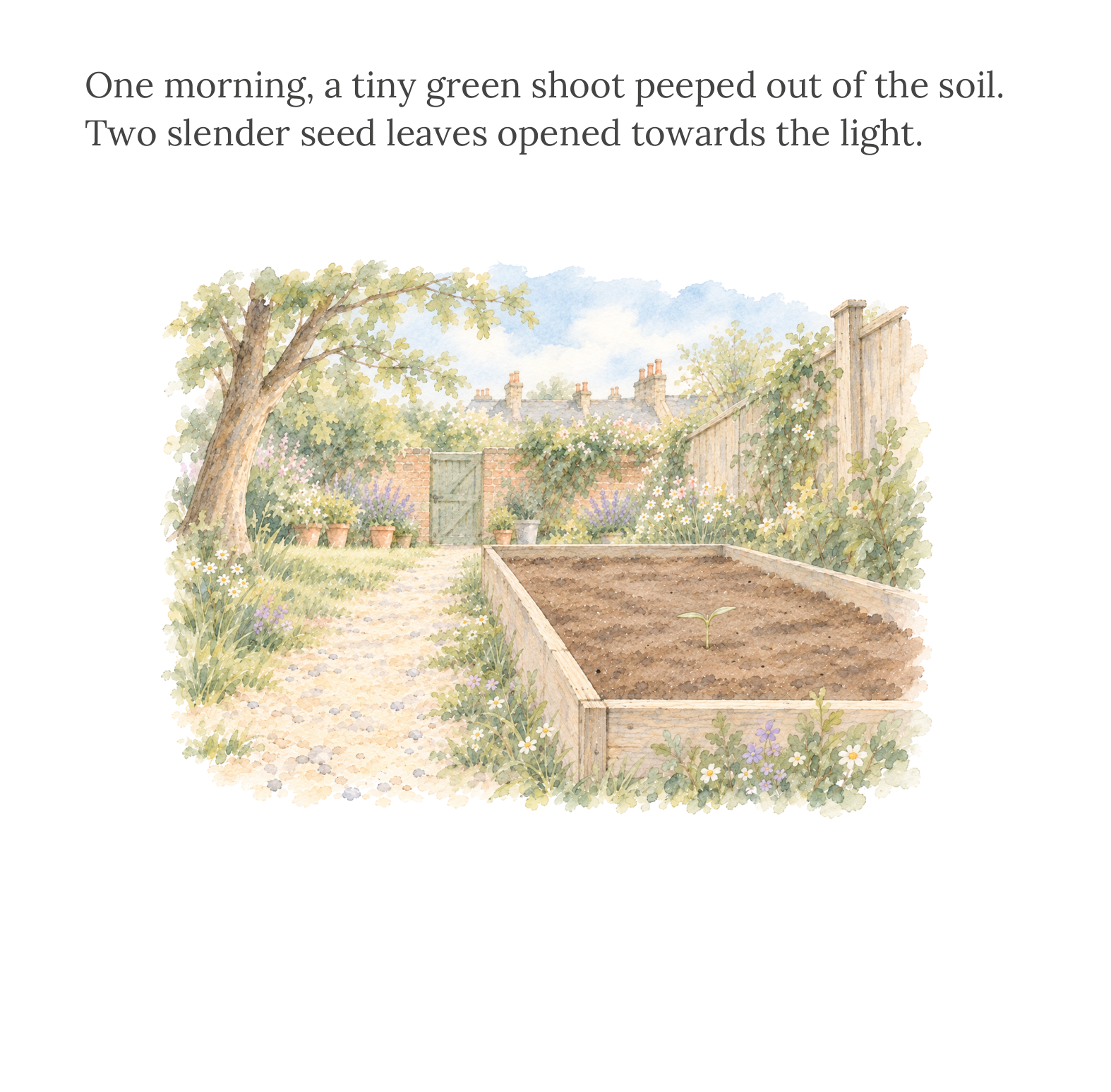 A tiny green shoot peeping out of the soil in the garden bed