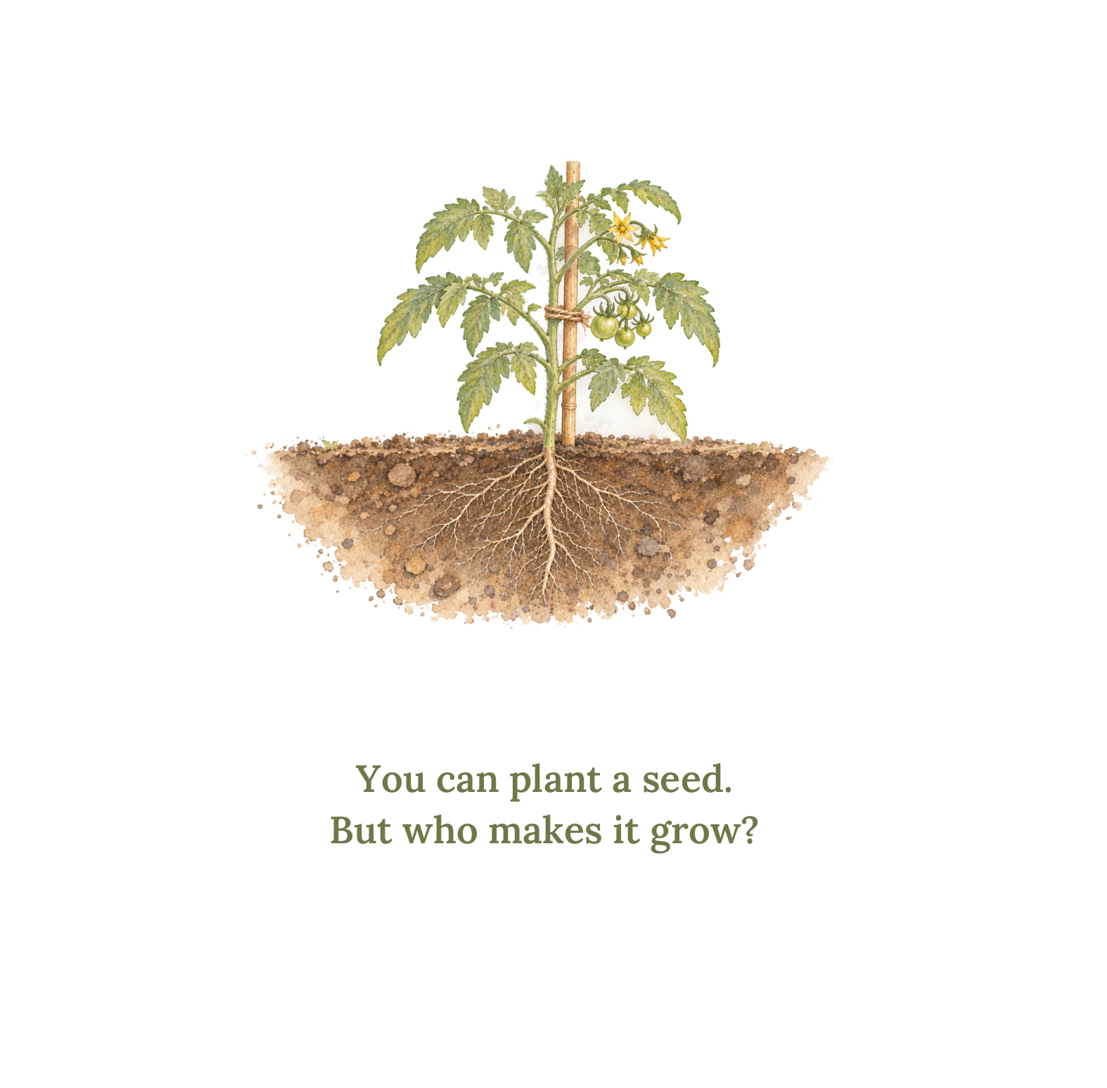A tomato plant growing, its roots deep in the soil