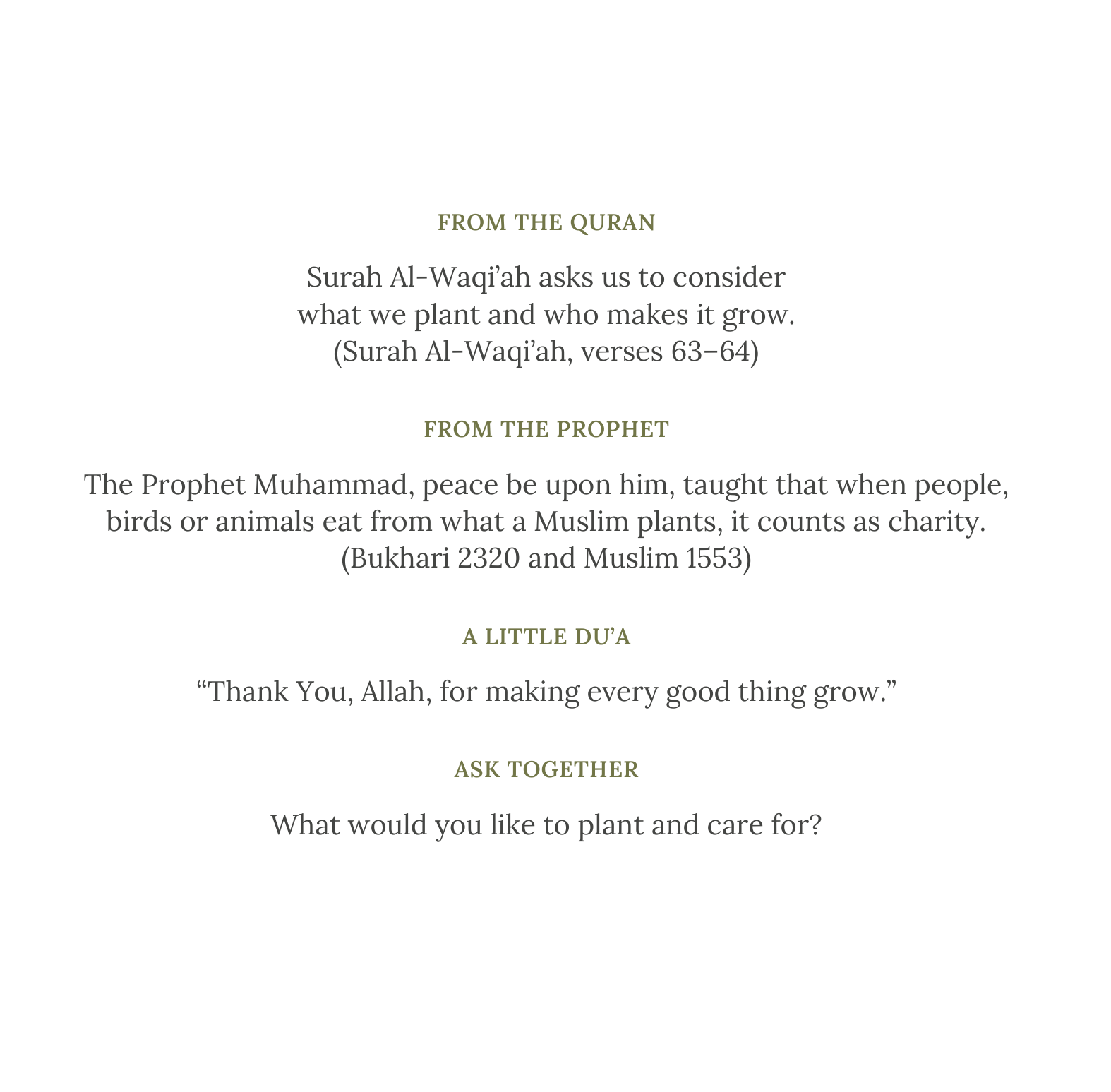 The closing page: from the Quran, from the Prophet, a little du’a, ask together